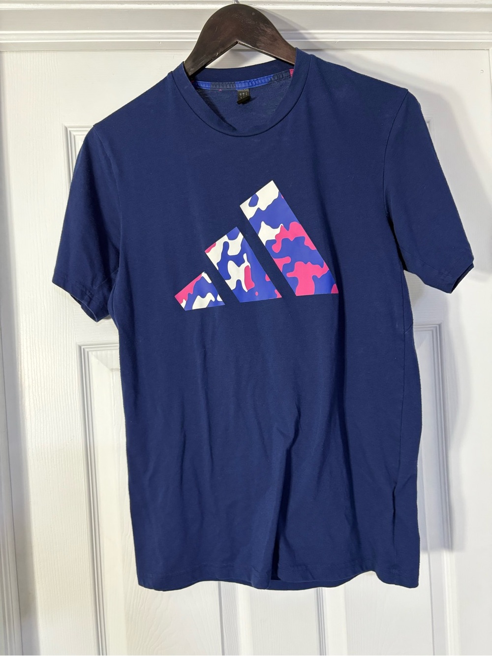 adidas Navy Short Sleeve Tee with Pink, White & Blue Camo Logo